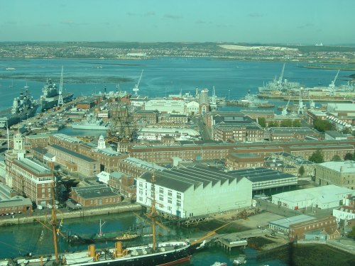 Spinnaker Tower view north: Portsmouth’s buildings, basins and historic ships. Image by J. D. Davies.