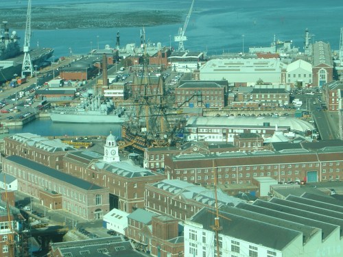 Spinnaker Tower view north: HMS Victory, Mary Rose, Block Mills. Image by J. D. Davies.