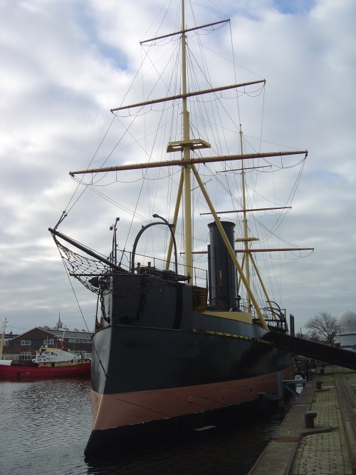 Preserved monitor/ram HNLMS Schorpioen, launched in France in 1868, used as an accommodation ship 1906–82 (including by German forces in the Second World War). Image by J. D. Davies.