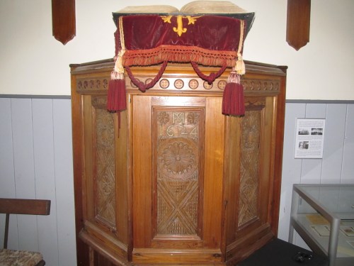 Hoy Kirk: pulpit allegedly made from panels salvaged from a Spanish Armada wreck. Image by J. D. Davies.