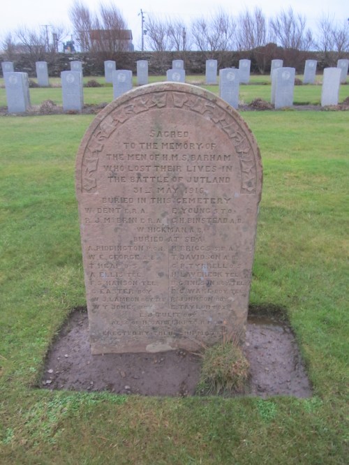 Lyness naval cemetery, Hoy: memorial stone to those killed on HMS Barham at Battle of Jutland. Image by J. D. Davies.